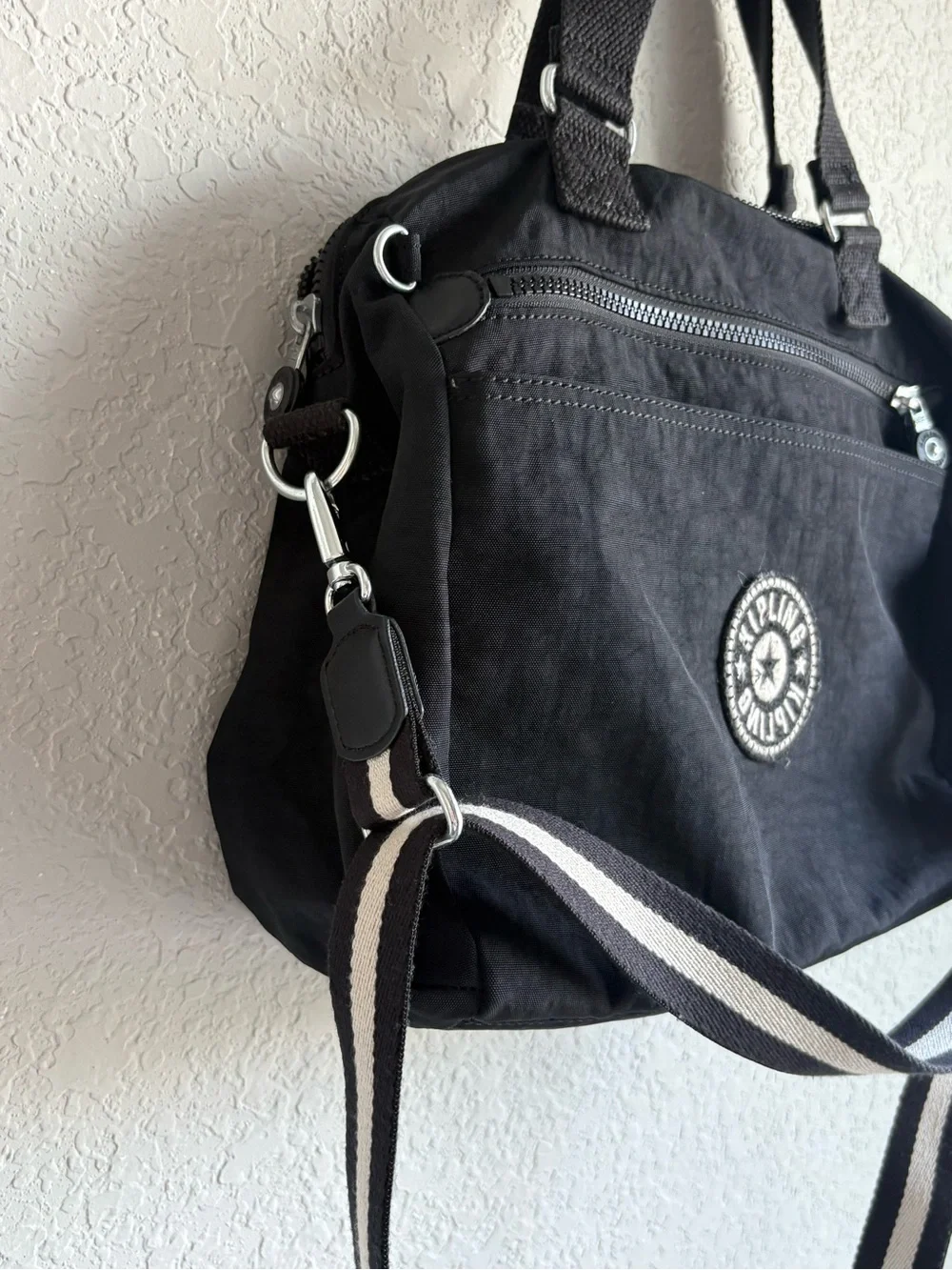 Kipling Black Nylon Satchel Crossbody Bag Adjustable Stripe Strap